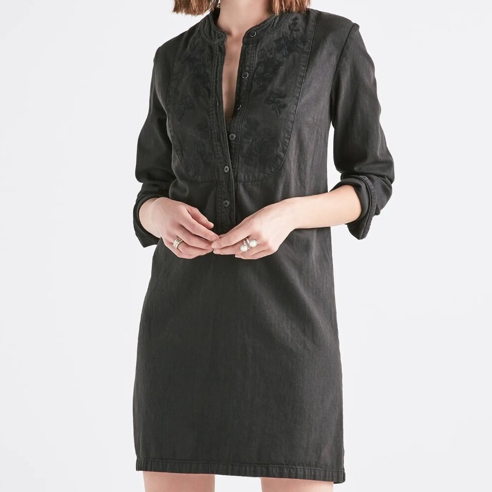 LUCKY BRAND BOHO BLACK DENIM POPOVER DRESS TUNIC SHIRT FLORAL EMBROIDERY M NWOT